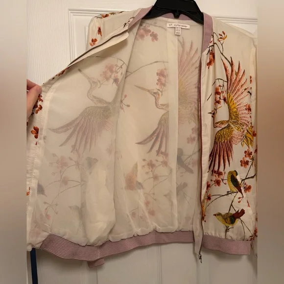 TRF Outerwear Cherry Blossom Cranes Satin Bomber Jacket Size Small - Picture 3 of 5